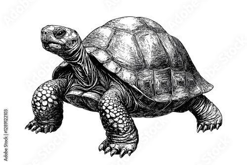 Hand-drawn tortoise in black sketch effect, vintage art, animal print, trendy illustration, old engraving style, white background, retro animal design, classic wildlife illustration.