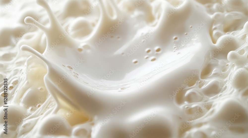 Fototapeta premium Close-up of creamy milk splashing in a liquid pool, capturing the dynamic movement and texture of dairy.