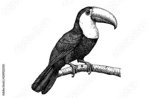 Old engraving style toucan illustration in black sketch effect, vintage wildlife print, hand-drawn bird art, trendy design, white background, nature art, tropical bird decor.