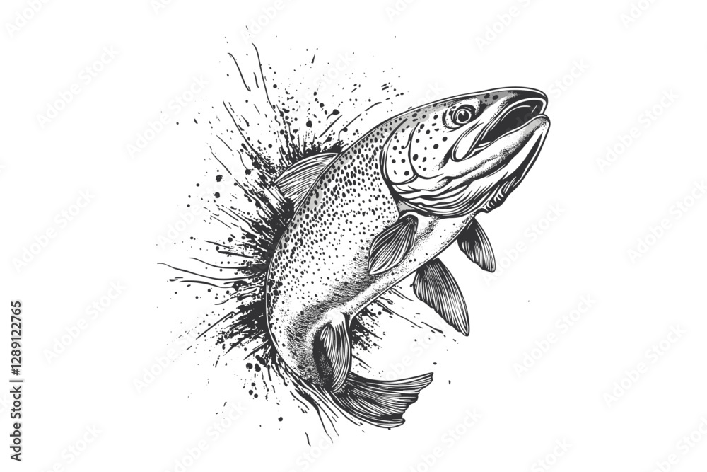 Black sketch effect of hand-drawn trout, vintage illustration, wildlife print, aquatic art, trendy design, old engraving style, nature artwork, river fish wall art.