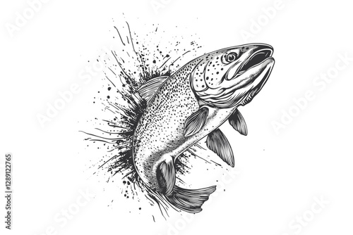 Black sketch effect of hand-drawn trout, vintage illustration, wildlife print, aquatic art, trendy design, old engraving style, nature artwork, river fish wall art.