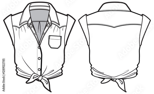 Women's western Cropped Shirt Blouse flat sketch fashion illustration drawing front and back view, Sleeveless Crop top casual denim shirt cad for girls and ladies template mock up