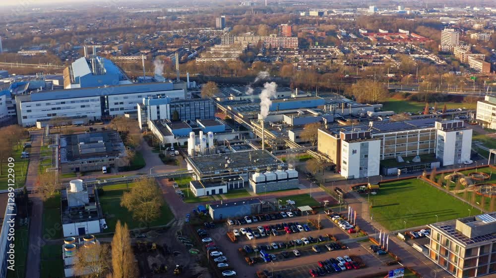 Urban drone shot of factory with old and new technology in Nijmegen, Netherlands
