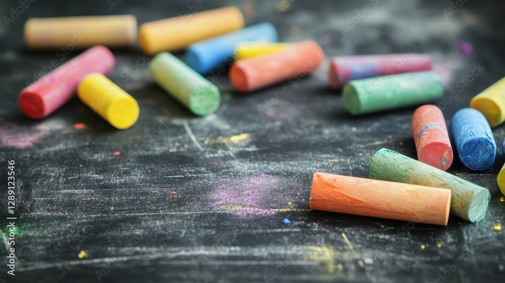 Colorful chalk pieces scattered on a blackboard, creating a vibrant artistic scene. Colorful chalk pieces scattered on a blackboard, creating a vibrant artistic scene.