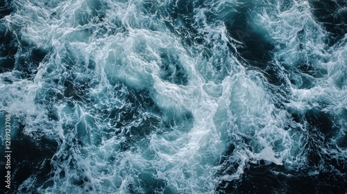 Aerial view of turbulent ocean waves in varying shades of blue and white, creating a dynamic yet calming scene.