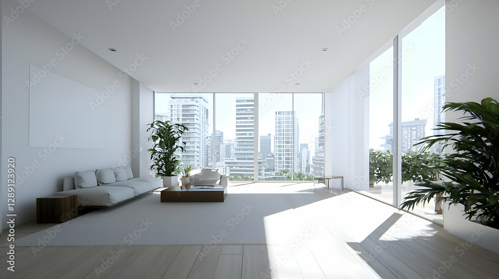 Fototapeta premium Modern Minimalist Apartment Interior With City View