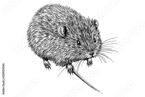 Black sketch effect, hand-drawn vole in old engraving style, vintage art animal print, trendy illustration, white background.