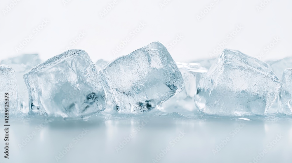 A close-up of clear ice cubes on a reflective surface, creating a fresh and cool atmosphere. A close-up of clear ice cubes on a reflective surface, creating a fresh and cool atmosphere.