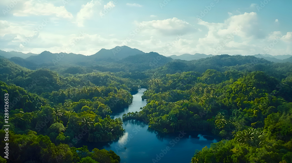 Fototapeta premium Aerial View of Lush Tropical River Winding Through Green Jungle Mountains