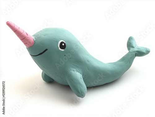 Sculpted Narwhal ornament, moldable animal toy, plasticine figurine, isolated on white photo