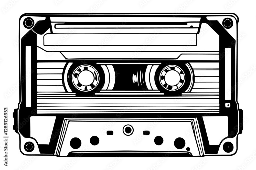 Black and white vector of a vintage cassette tape with detailed reel and label design.