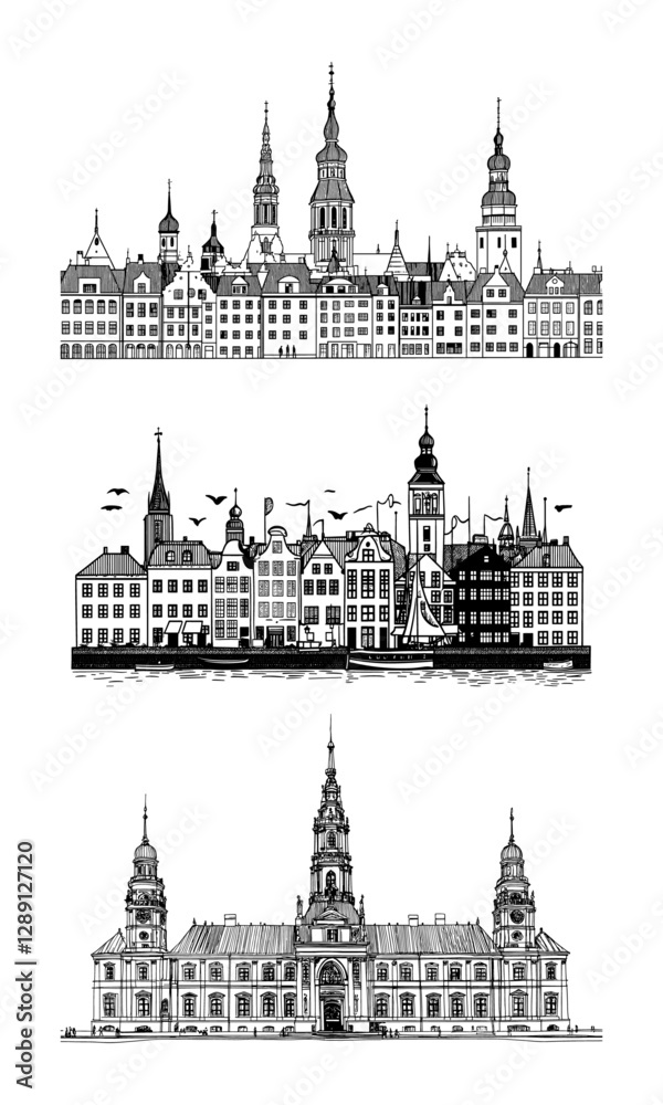 Fototapeta premium Three detailed European skyline illustrations featuring churches, towers, and historical buildings.