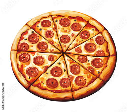 Realistic vector illustration of a pepperoni pizza with melted cheese, sliced into eight equal pieces.