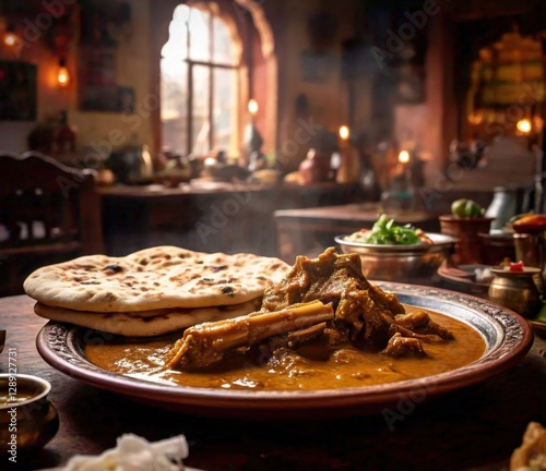 A serving of paya curry with slow-cooked goat trotters in a flavorful broth, served with naan 2 photo
