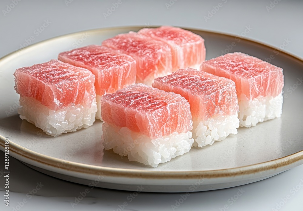 Freshly Prepared Sushi with Layers of Pink Tuna on White Rice Presented on a Minimalist Plate for Gourmet Culinary Experience Freshly Prepared Sushi with Layers of Pink Tuna on White Rice Presented on a Minimalist Plate for Gourmet Culinary Experience