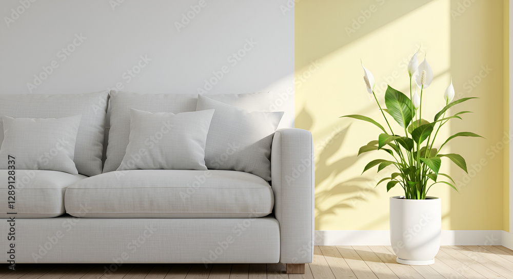 A cozy white linen sofa with soft cushions, paired with a delicate peace lily in a minimalist white planter. The background features a subtle blend of light yellow and white A cozy white linen sofa with soft cushions, paired with a delicate peace lily in a minimalist white planter. The background features a subtle blend of light yellow and white