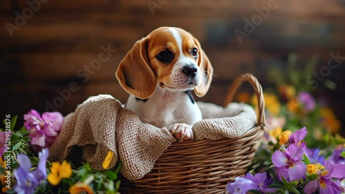 Adorable beagle puppy sitting in a wicker basket surrounded by colorful flowers with a cozy, rustic background
