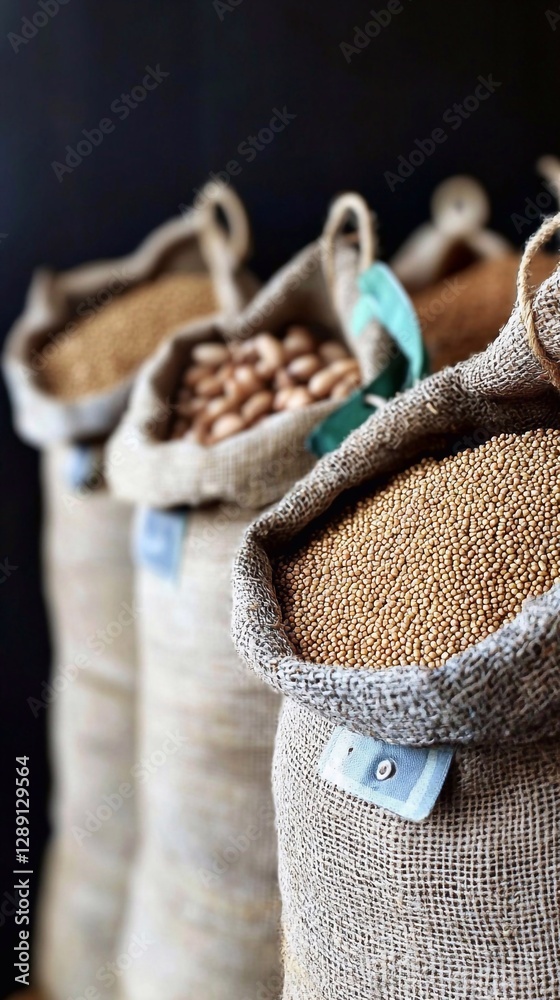 Obraz premium Various Grains and Seeds in Burlap Sacks at a Market Display for Local Agriculture