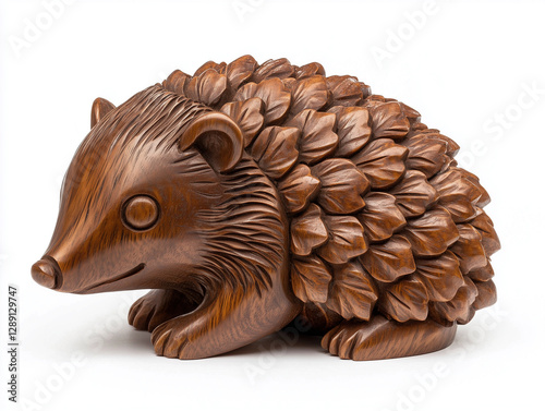 Wood carved Hedgehog ornament, wood animal figurine, isolated on white photo