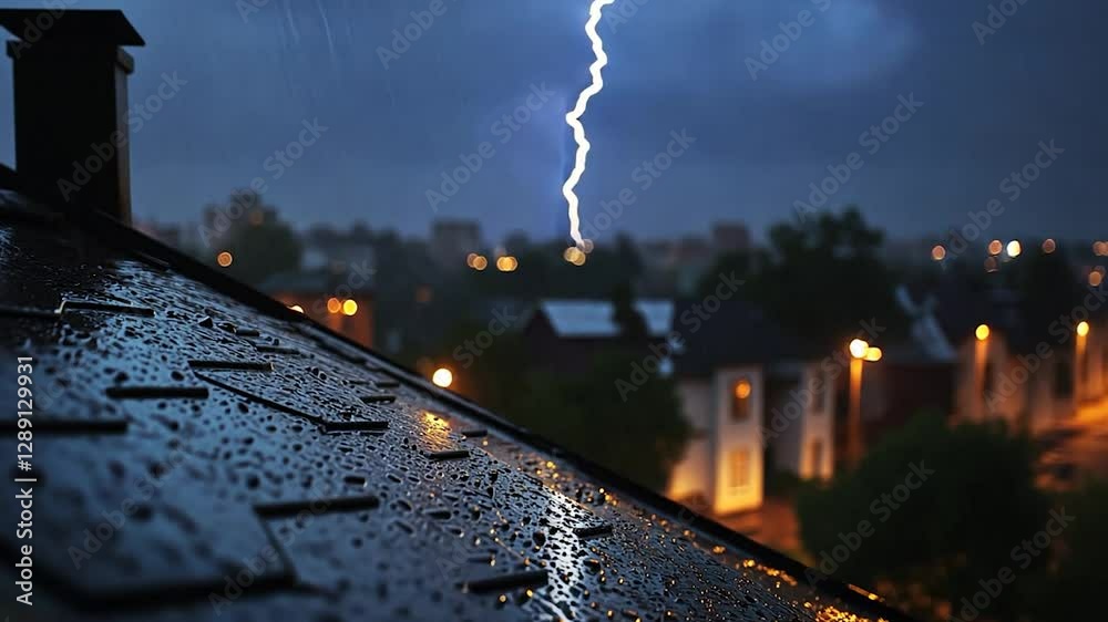 Rainy night storm over city rooftops