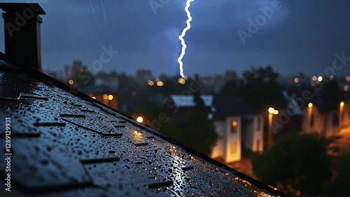 Rainy night storm over city rooftops