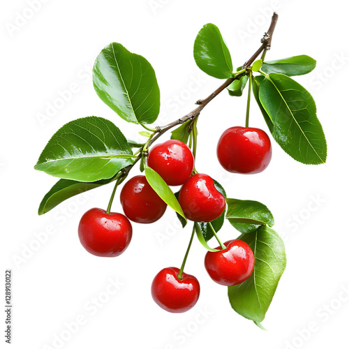 Acerola cherries on a branch with green leaves isolated on a white background.