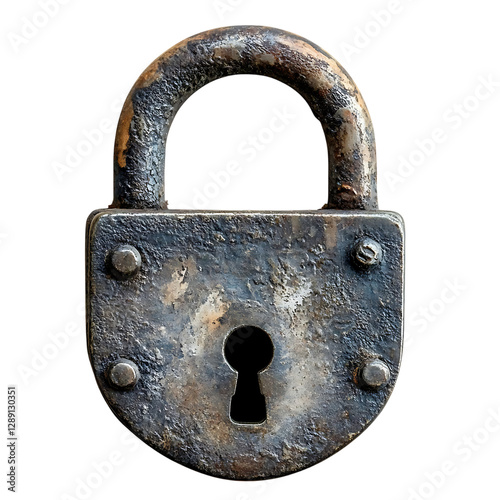 An old rustic vintage metal padlock with a keyhole isolated on a white background.
