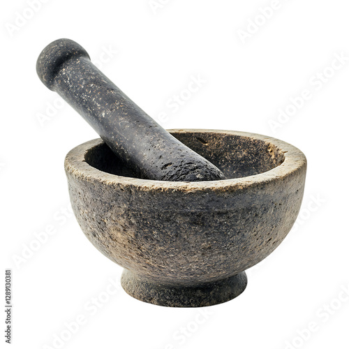 Antique stone mortar and pestle isolated on a white background.
