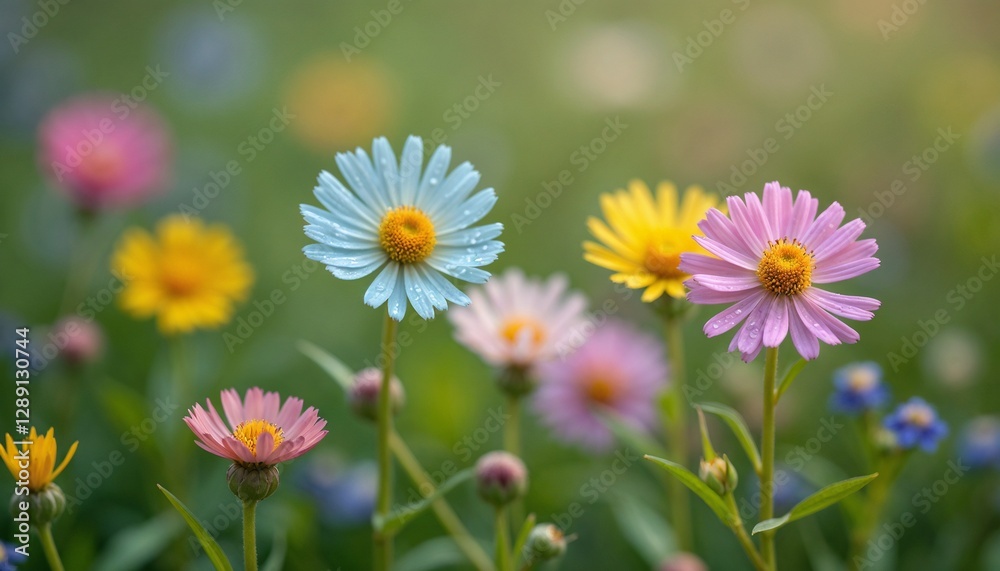 Colorful flowers in a garden with dew drops, vibrant mood, soft background, copy space Colorful flowers in a garden with dew drops, vibrant mood, soft background, copy space