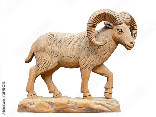 Wood carved Urial figurine, rustic animal decorative art, white background photo