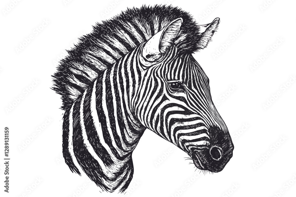 Naklejka premium Striped zebra animal illustration in black sketch effect, trendy vintage art, safari wildlife, old engraving style, white background, vector, print design, antique style.