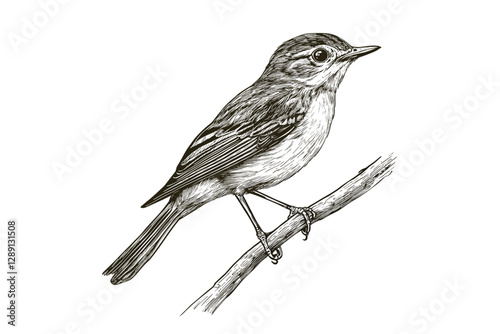 Black sketch effect warbler in antique style, vector illustration, vintage art, wildlife, aquatic animal, rodent print design, hand-drawn wildlife, nature art, animal sketch, retro illustration.