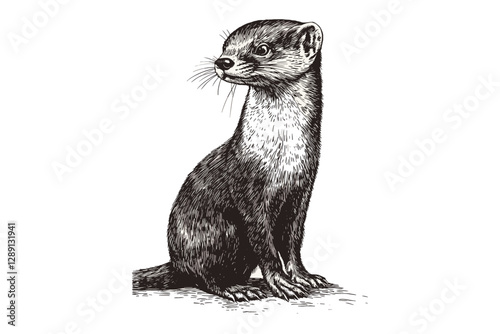 Hand-drawn weasel illustration in antique style, vintage wildlife vector, black sketch effect, small predator animal, old engraving print design, white background, trendy art.