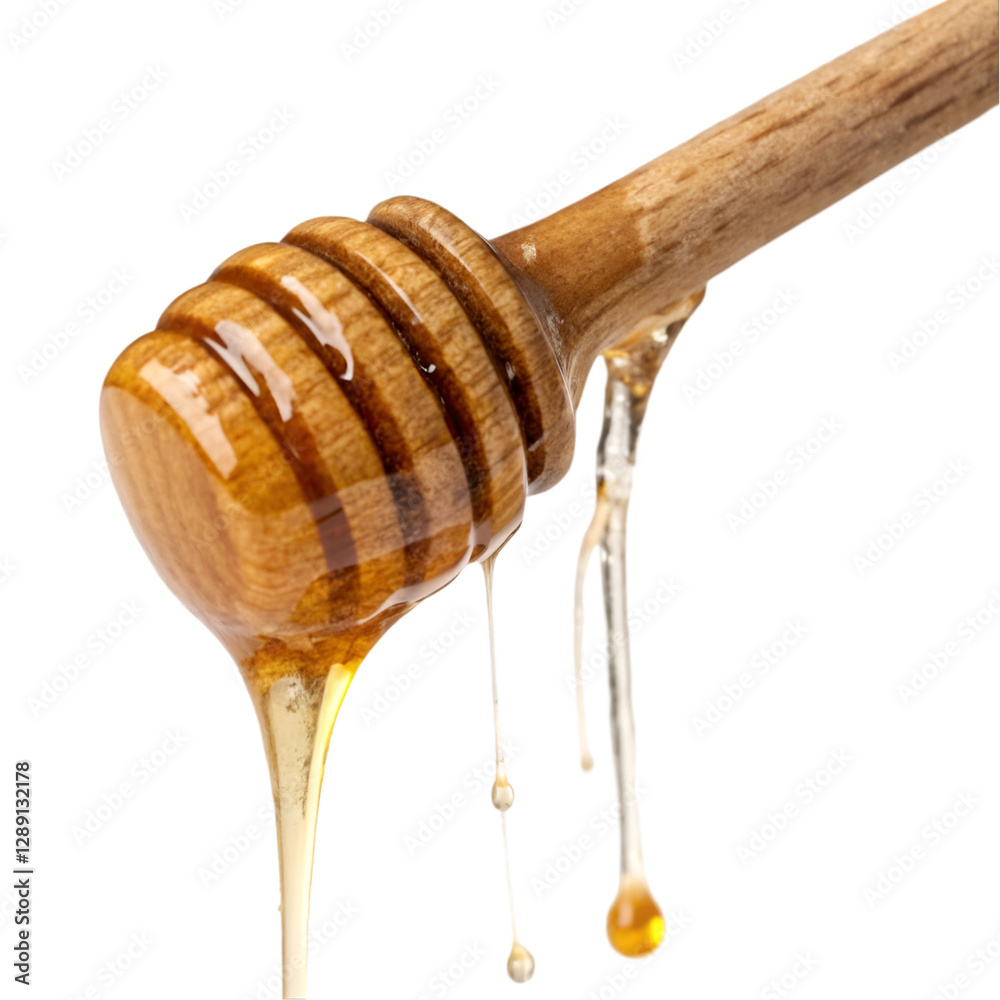 Honey dripping on wooden dripper isolated on transparent background Honey dripping on wooden dripper isolated on transparent background