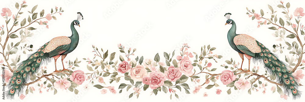 Fototapeta premium Elegant peacock pair amidst blooming pink roses and foliage, a picturesque watercolor design for refined decorative themes.