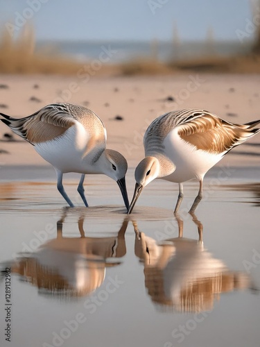 Two sanderlings searching for food on a beach at sunset