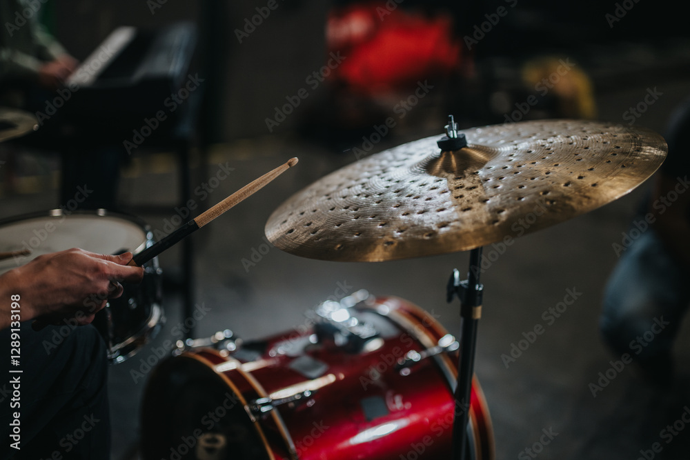 Fototapeta premium A detailed view of a drummer with stick striking a cymbal, part of a dynamic band rehearsal. The scene captures the energy and precision of music creation in a casual setting.
