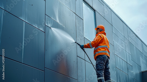Worker cleans modern building exterior with pressure washer during daytime