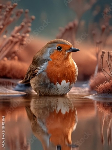 European robin redbreast relaxing in shallow water with reflection