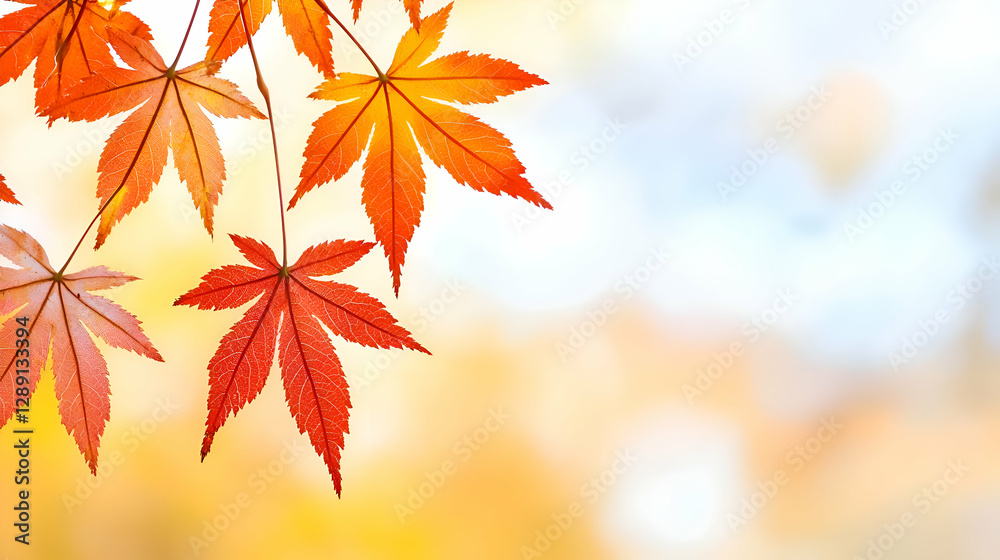 Red And Orange Maple Leaves On Branch Against Soft Focus Yellow And White Background Red And Orange Maple Leaves On Branch Against Soft Focus Yellow And White Background
