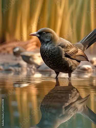 Sooty thrush reflecting in water with reed background