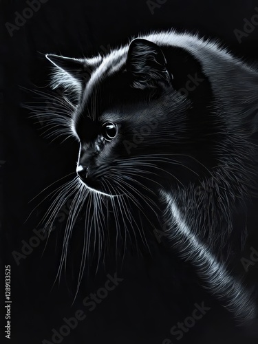 Black cat emerging from darkness with bright whiskers