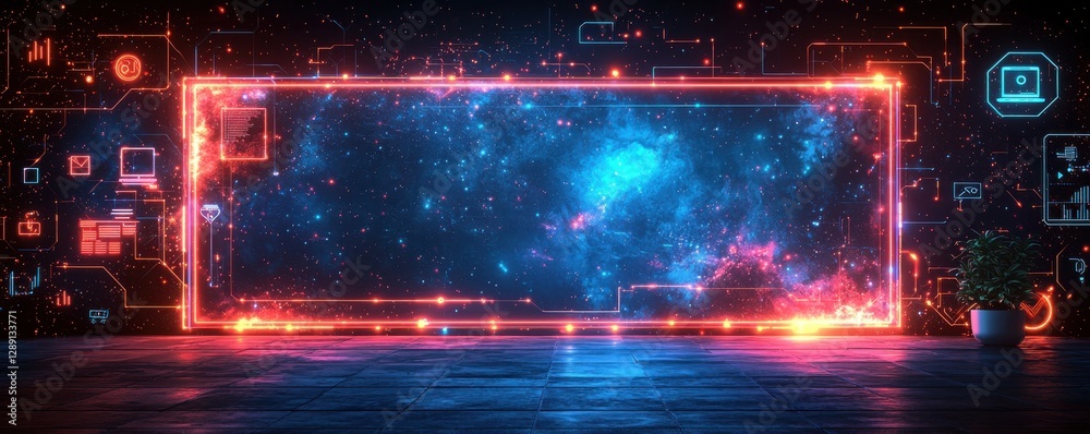 Obraz premium Futuristic neon frame displaying a galaxy with digital and sci-fi elements