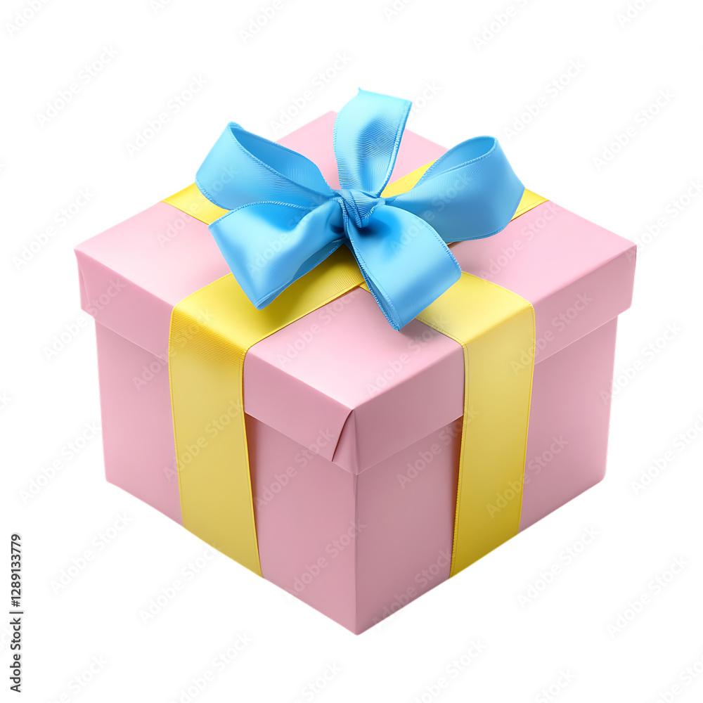 Pink gift box with yellow and blue ribbon tied neatly isolated on a white background. Pink gift box with yellow and blue ribbon tied neatly isolated on a white background.