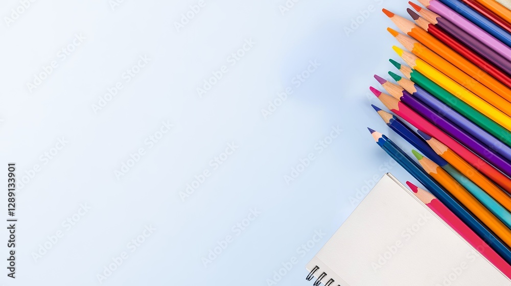 Fototapeta premium Colorful Pencils and Notepad on Light Blue Background