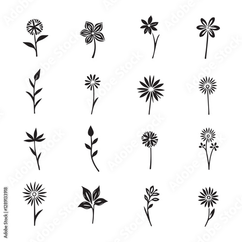 A black and white vector illustration of multiple floral designs