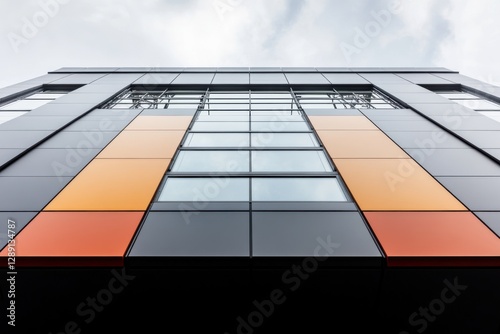 Intricate steelwork and colorful reflections transform a high-rise building under a dramatic cloudy sky