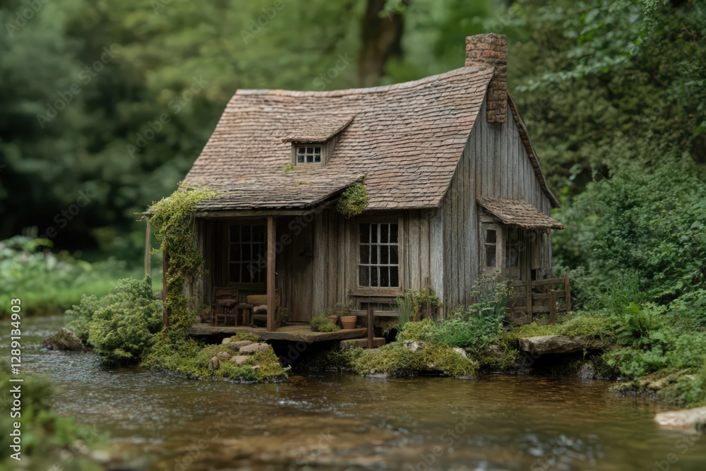 Rustic wooden cabin nestled on a small island in a calm stream, surrounded by lush green foliage. Soft natural light enhances the idyllic scene Rustic wooden cabin nestled on a small island in a calm stream, surrounded by lush green foliage. Soft natural light enhances the idyllic scene