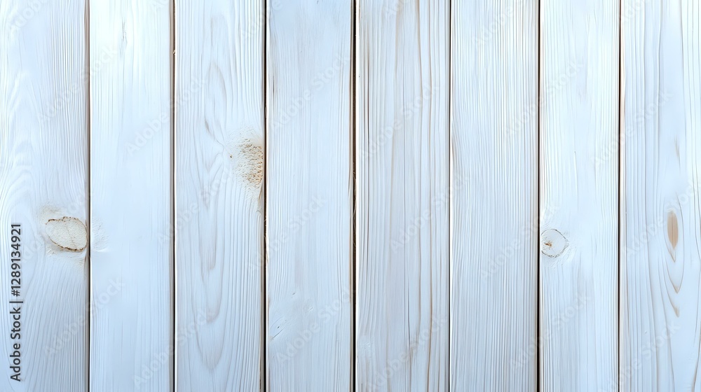 Obraz premium Whitewashed wooden planks background with natural grain texture and knots. Rustic vertical boards create minimalist surface for product photography.