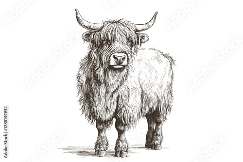 Wildlife illustration of hand-drawn yak, black sketch effect, antique style, large animal, old engraving, vector design, trendy vintage art, white background, wild nature.